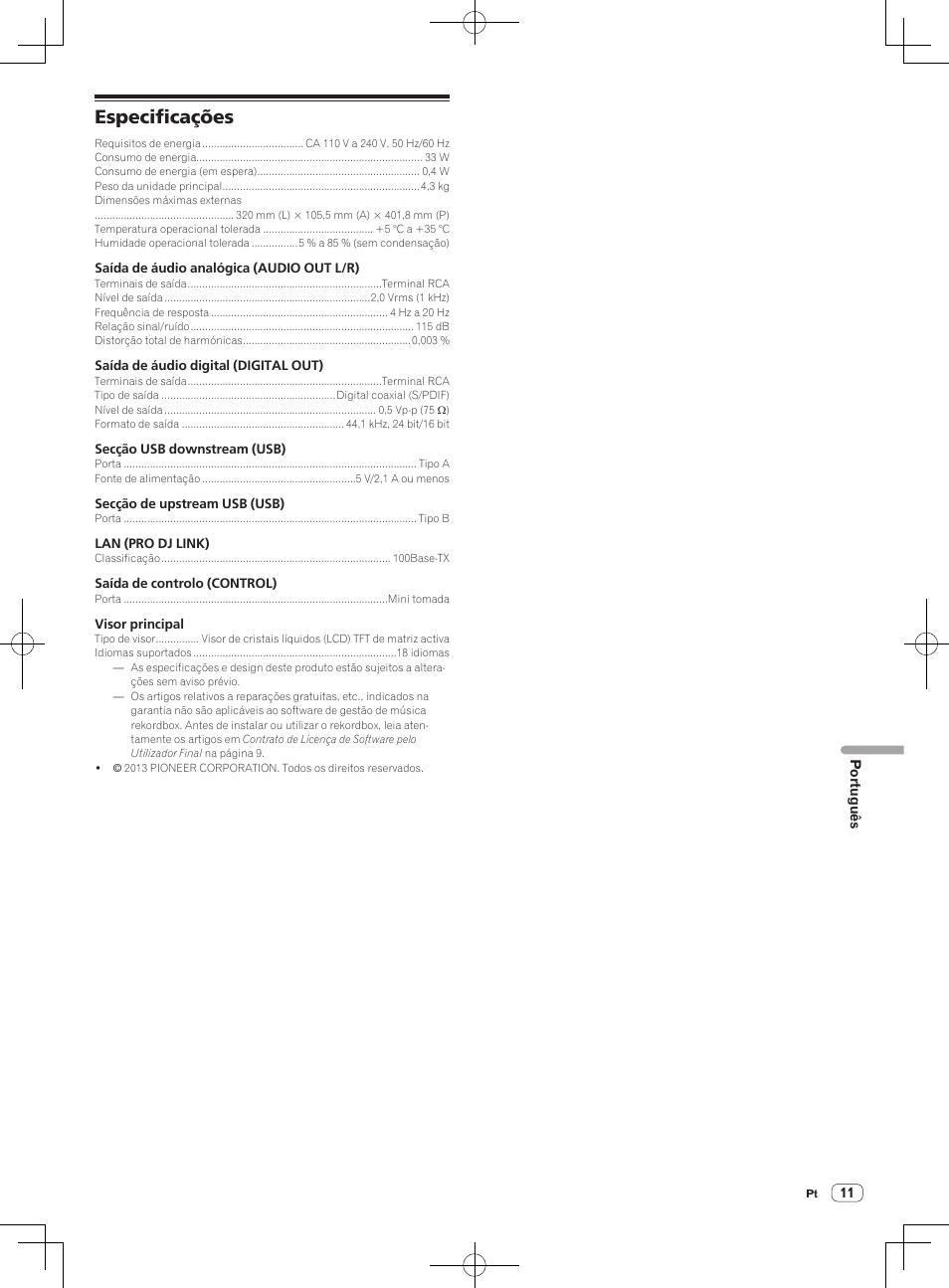 Especificações | Pioneer CDJ-900NXS User Manual | Page 69 / 84