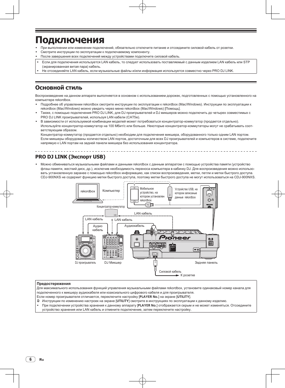 Подключения, Основной стиль, Pro dj link (экспорт usb) | Pioneer CDJ-900NXS User Manual | Page 74 / 84