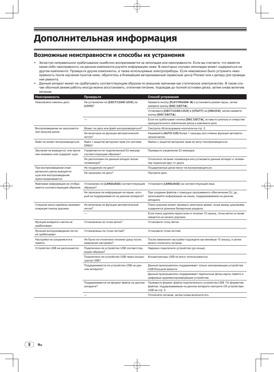 Дополнительная информация, Возможные неисправности и способы их устранения | Pioneer CDJ-900NXS User Manual | Page 76 / 84