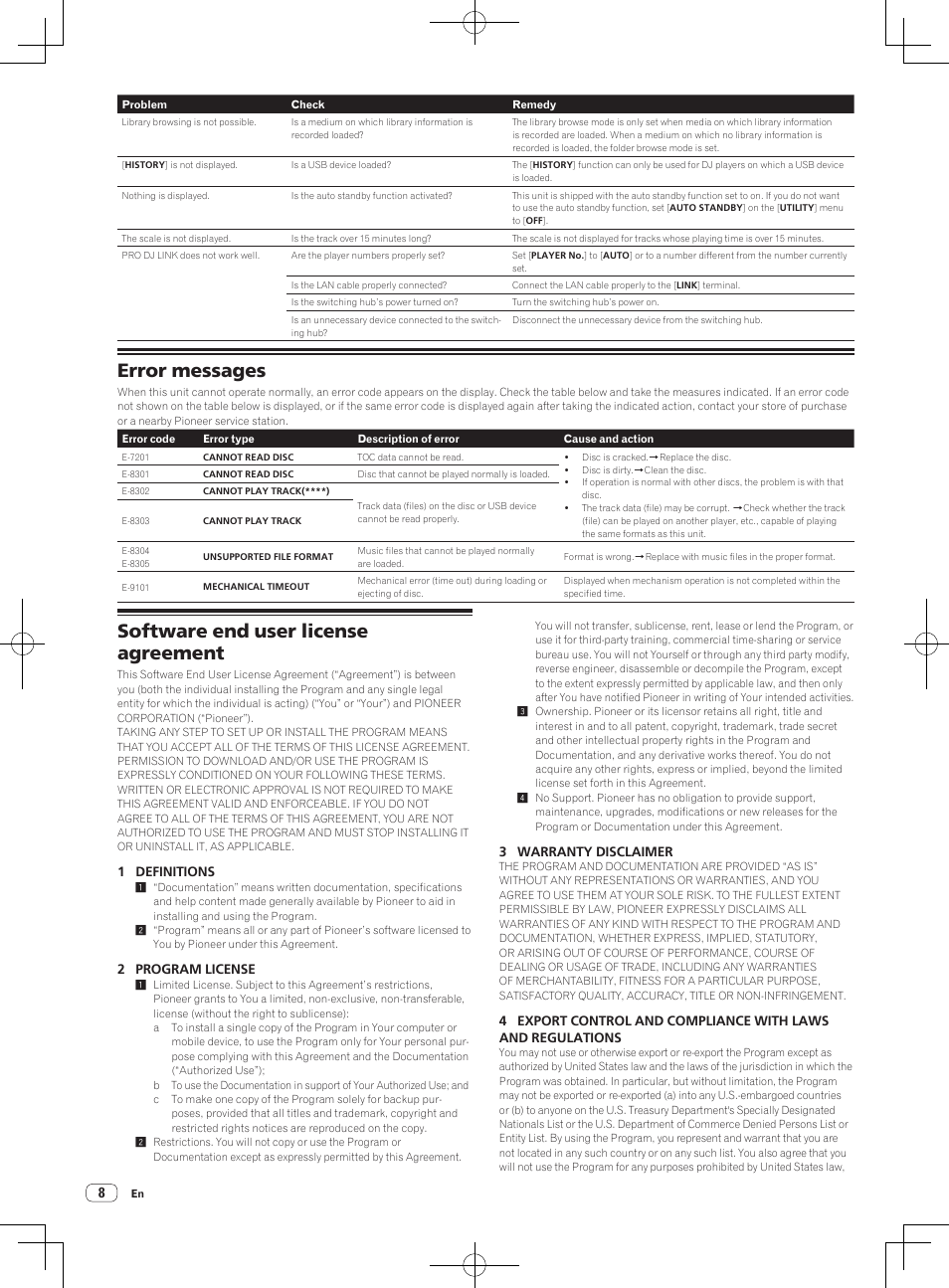 Error messages, Software end user license agreement | Pioneer CDJ-900NXS User Manual | Page 8 / 84