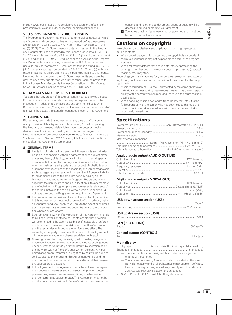 Cautions on copyrights, Specifications | Pioneer CDJ-900NXS User Manual | Page 9 / 84