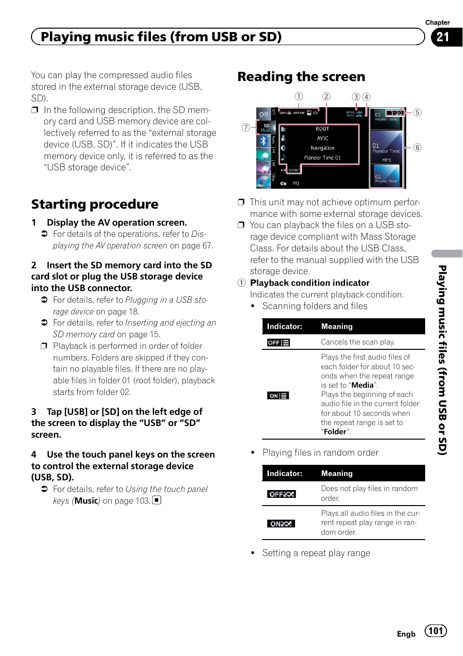 Reading the screen, Starting procedure, Playing music files (from usb or sd) | Pioneer AVIC-F9220BT User Manual | Page 101 / 200
