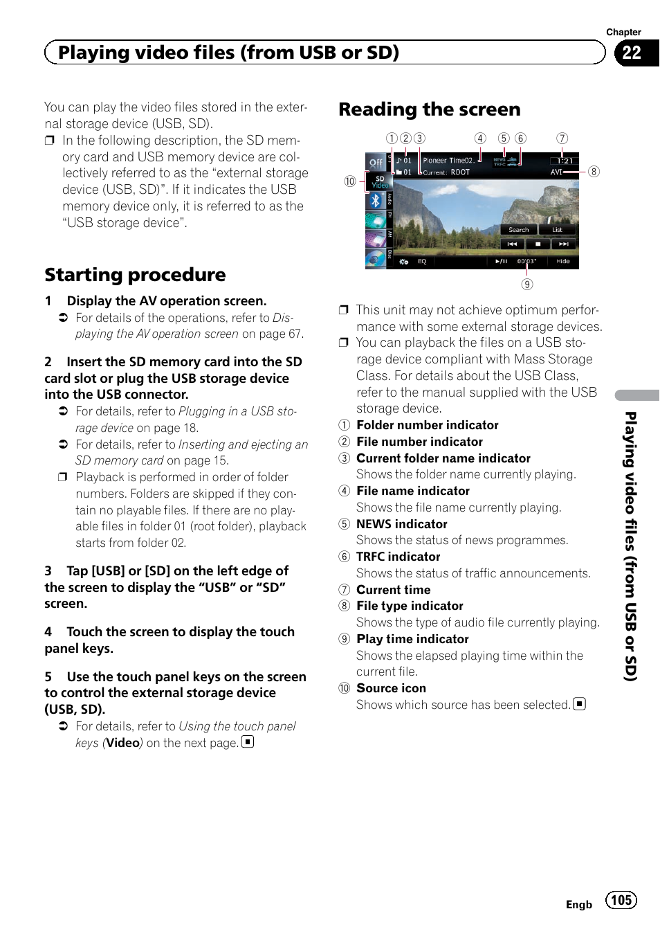 Reading the screen, Starting procedure, Playing video files (from usb or sd) | Pioneer AVIC-F9220BT User Manual | Page 105 / 200