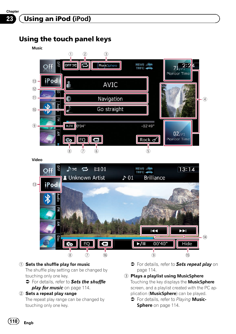 Using the touch panel keys, Using, 23 using an ipod (ipod) | Pioneer AVIC-F9220BT User Manual | Page 110 / 200