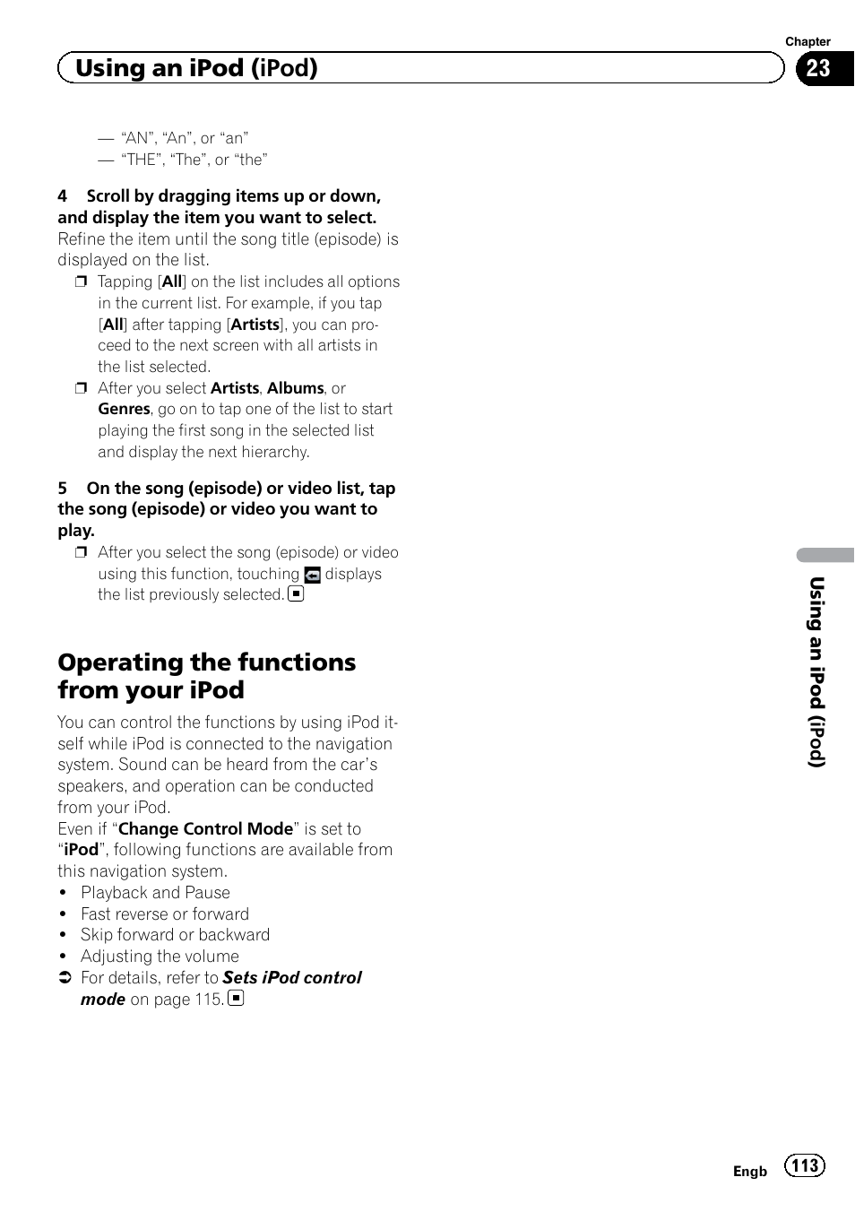 Operating the functions from your ipod, Using an ipod (ipod) | Pioneer AVIC-F9220BT User Manual | Page 113 / 200