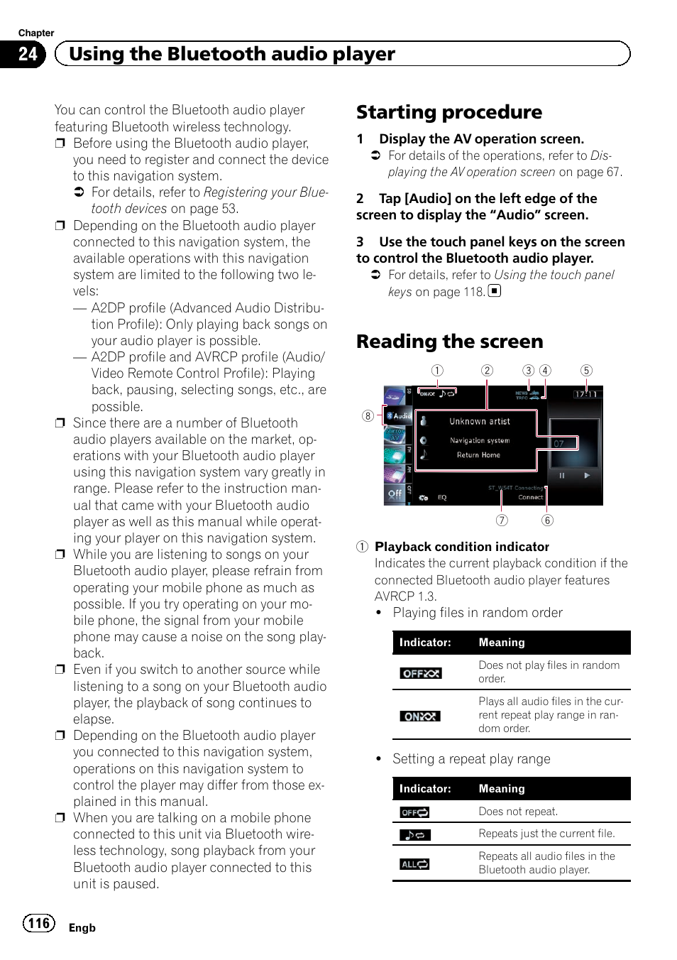Reading the screen, Starting procedure, 24 using the bluetooth audio player | Pioneer AVIC-F9220BT User Manual | Page 116 / 200