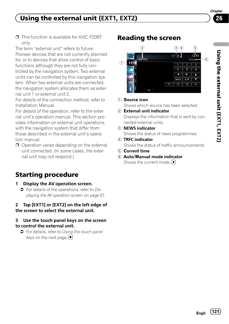 Reading the screen, Starting procedure, Using the external unit (ext1, ext2) | Pioneer AVIC-F9220BT User Manual | Page 121 / 200