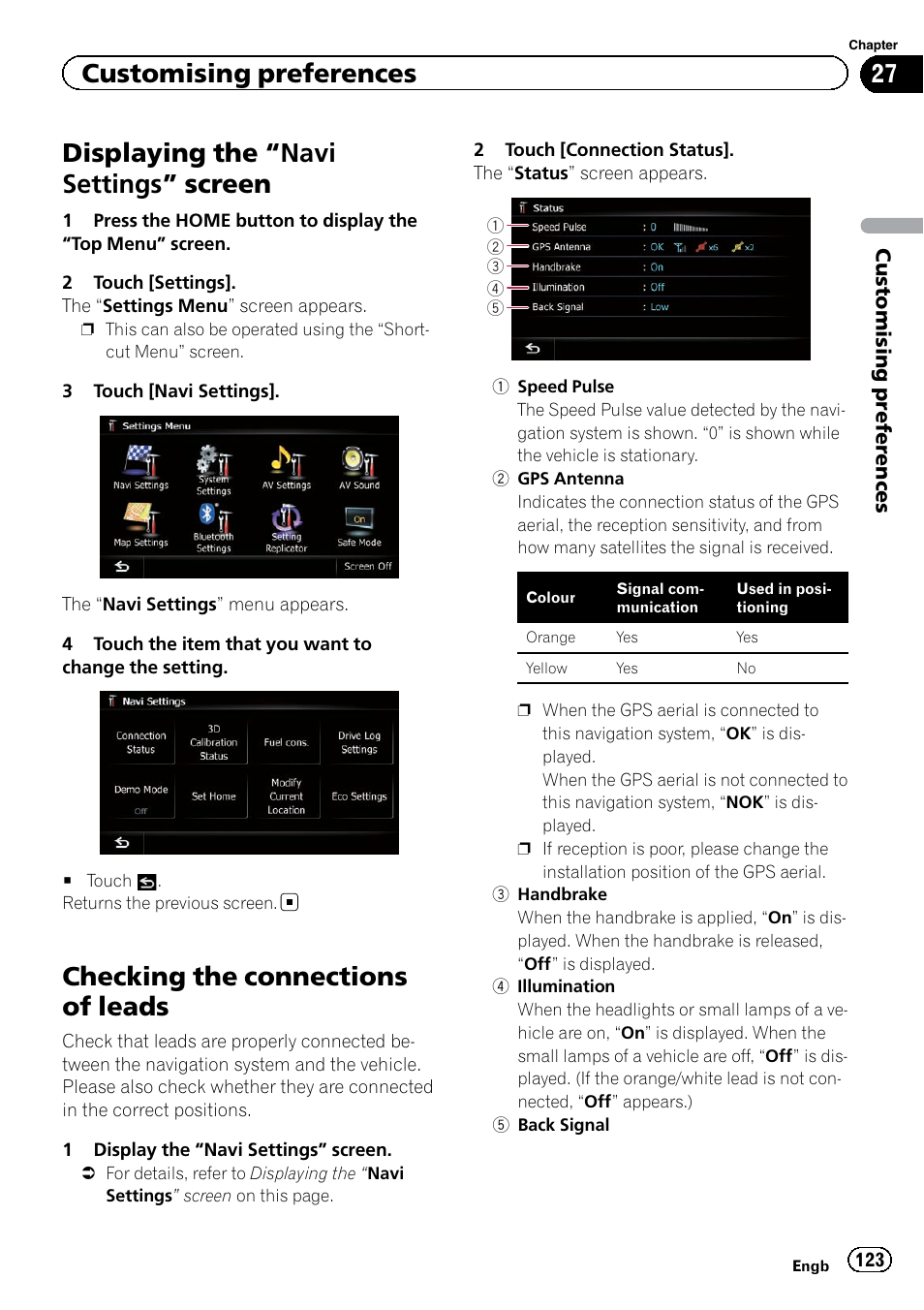 Customising preferences displaying the, Navi settings” screen 123, Checking the connections of leads | Displaying the “navi settings ” screen, Customising preferences | Pioneer AVIC-F9220BT User Manual | Page 123 / 200