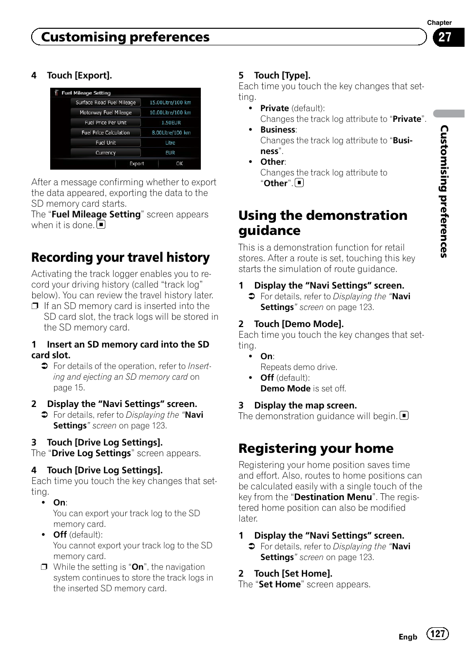 Recording your travel history, Using the demonstration guidance, Registering your home | Registering your, Customising preferences | Pioneer AVIC-F9220BT User Manual | Page 127 / 200