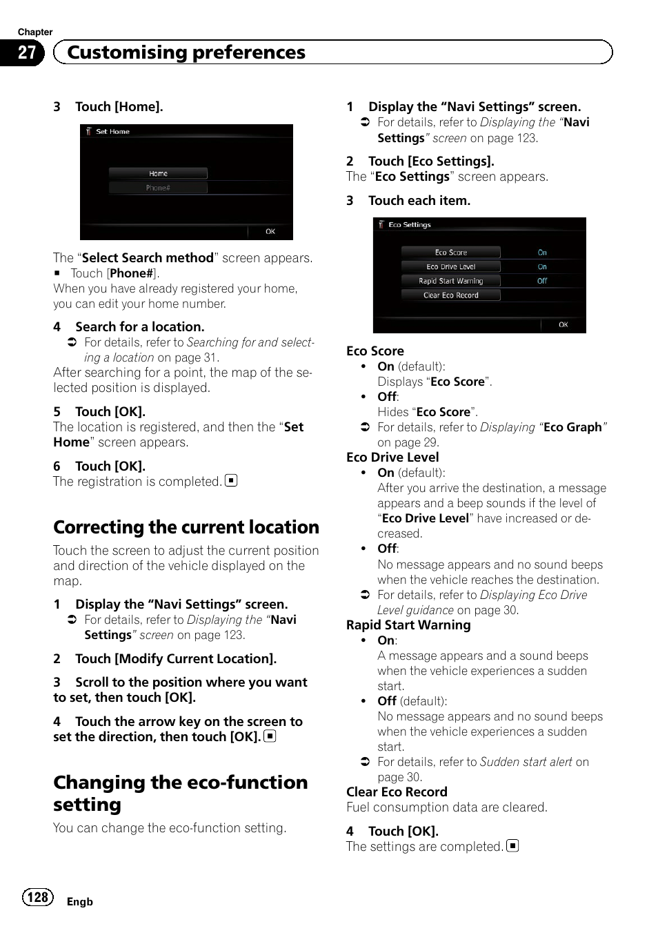 Correcting the current location, Changing the eco-function setting, Changing the eco-func | Chan, 27 customising preferences | Pioneer AVIC-F9220BT User Manual | Page 128 / 200