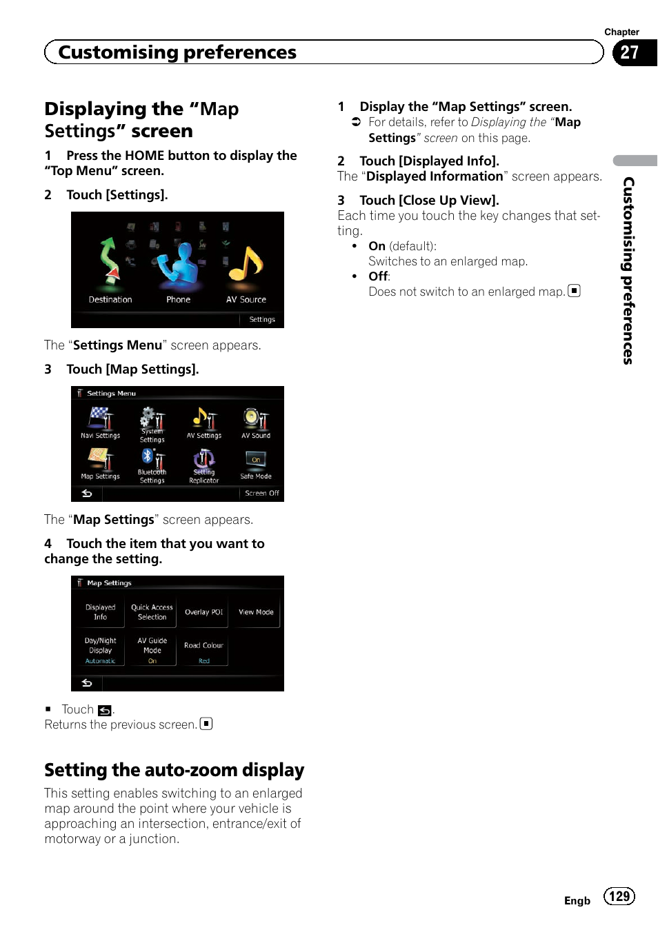 Displaying the, Map settings” screen 129, Setting the auto-zoom display | Setting the auto-zoom, Displaying the “map, Settings, Displaying the “map settings ” screen, Customising preferences | Pioneer AVIC-F9220BT User Manual | Page 129 / 200