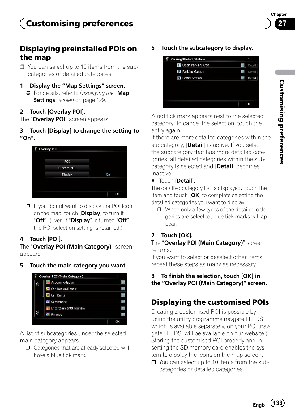 Displaying preinstalled pois on the, Displaying the customised pois 133, Customising preferences | Displaying preinstalled pois on the map, Displaying the customised pois | Pioneer AVIC-F9220BT User Manual | Page 133 / 200