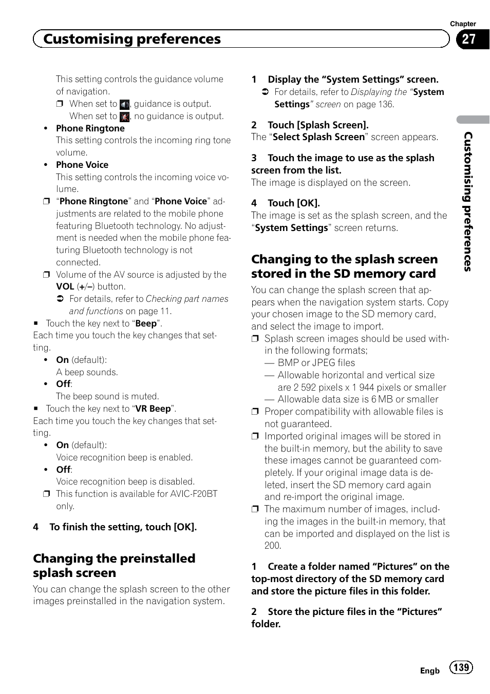 Changing the preinstalled splash, Screen, Changing to the splash screen stored | In the sd memory card, Customising preferences, Changing the preinstalled splash screen | Pioneer AVIC-F9220BT User Manual | Page 139 / 200