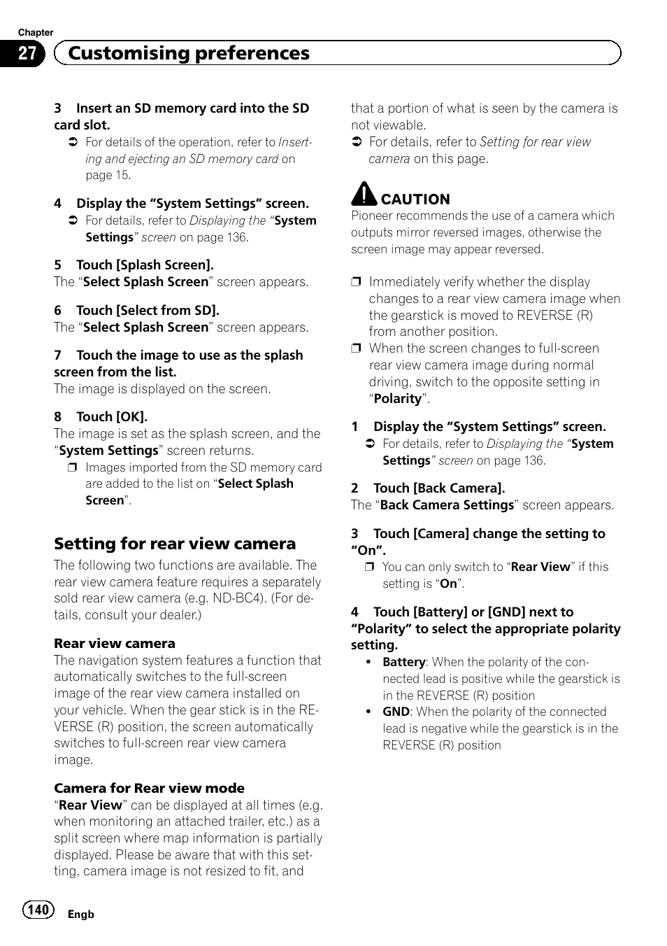 Setting for rear view camera 140, Setting for rear view, 27 customising preferences | Setting for rear view camera | Pioneer AVIC-F9220BT User Manual | Page 140 / 200