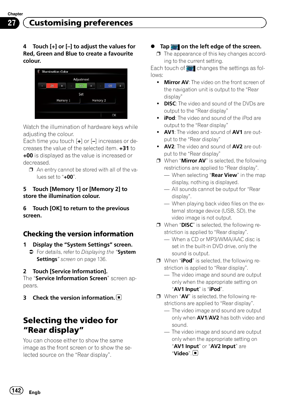 Checking the version information 142, Selecting the video for, Rear display” 142 | Selecting the video for “rear display, 27 customising preferences, Checking the version information | Pioneer AVIC-F9220BT User Manual | Page 142 / 200