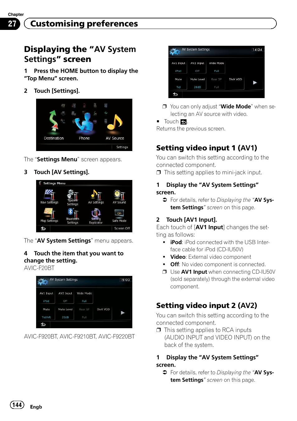 Displaying the, Av system settings, Screen | Setting video input 1 (av1) 144, Setting video input 2 (av2) 144, Setting video input 1, Setting video input 2, Displaying the “av system settings ” screen, 27 customising preferences | Pioneer AVIC-F9220BT User Manual | Page 144 / 200