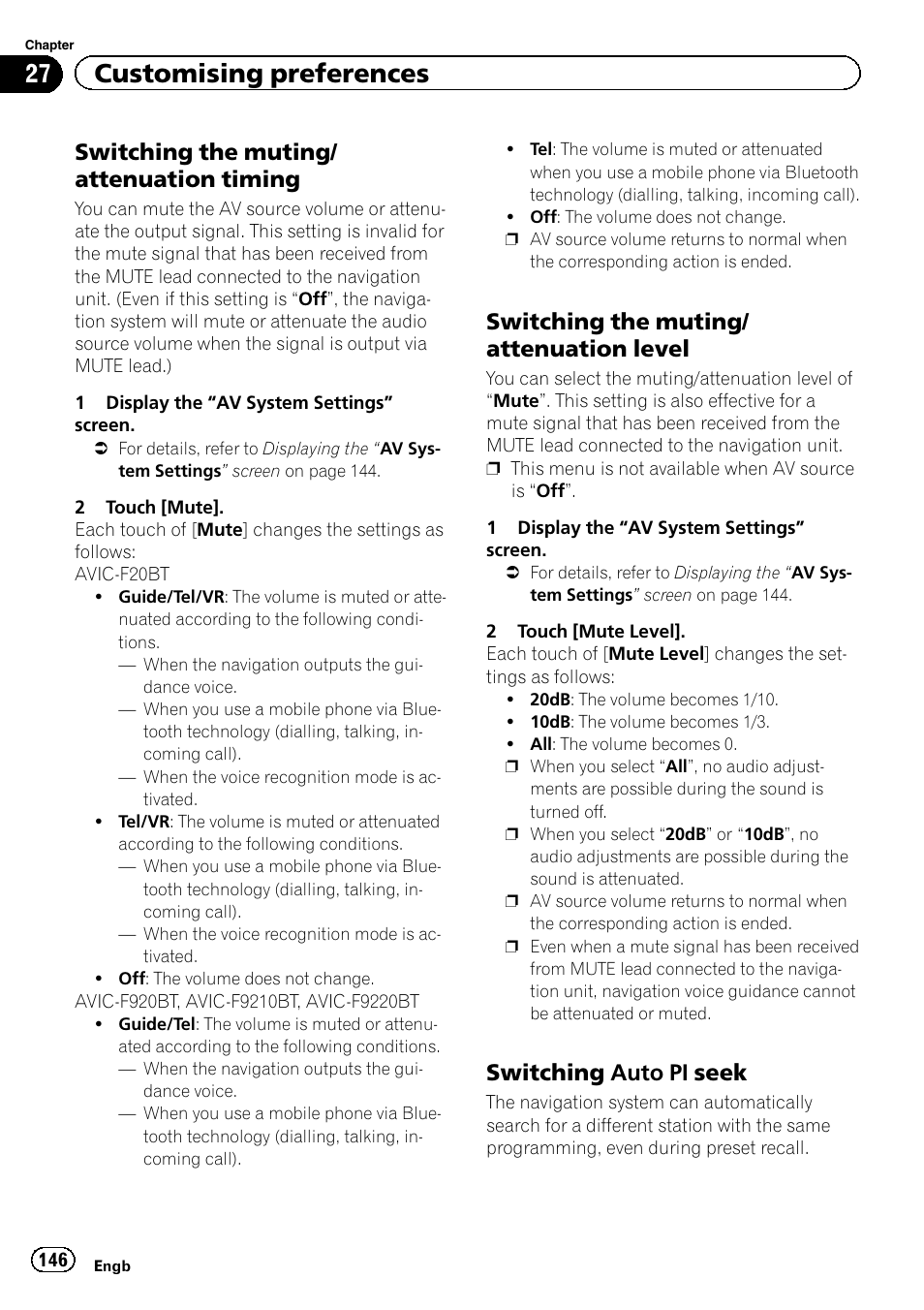 Switching the muting/attenuation, Timing, Level | Switching auto pi seek 146, 27 customising preferences, Switching the muting/ attenuation timing, Switching the muting/ attenuation level, Switching auto pi seek | Pioneer AVIC-F9220BT User Manual | Page 146 / 200