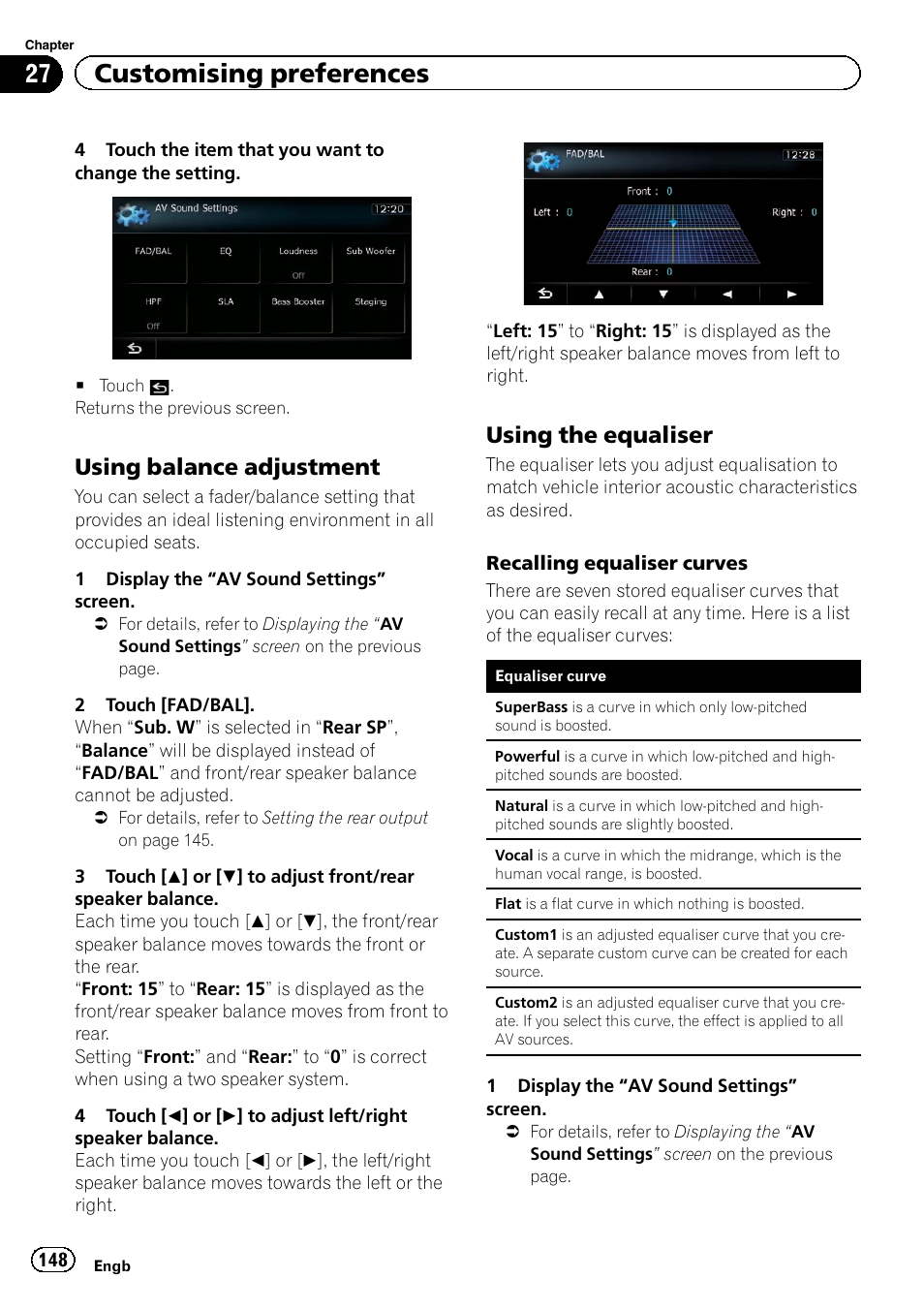 Using balance adjustment 148, Using the equaliser 148, Using the equaliser | 27 customising preferences, Using balance adjustment | Pioneer AVIC-F9220BT User Manual | Page 148 / 200