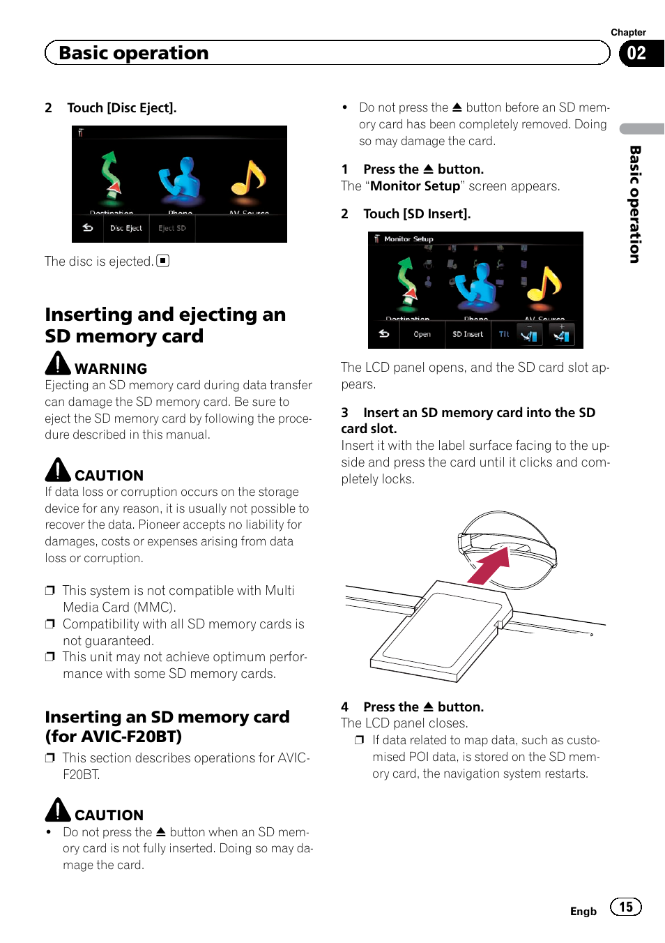 Inserting and ejecting an sd memory, Card, Inserting an sd memory card (for avic | F20bt), Basic operation | Pioneer AVIC-F9220BT User Manual | Page 15 / 200