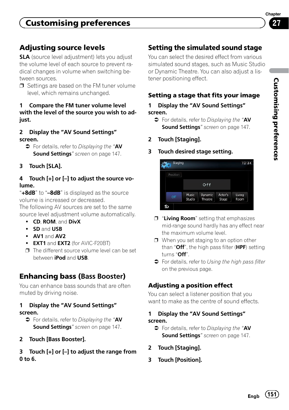 Adjusting source levels 151, Enhancing bass (bass booster) 151, Setting the simulated sound | Stage, Customising preferences, Adjusting source levels, Enhancing bass (bass booster), Setting the simulated sound stage | Pioneer AVIC-F9220BT User Manual | Page 151 / 200
