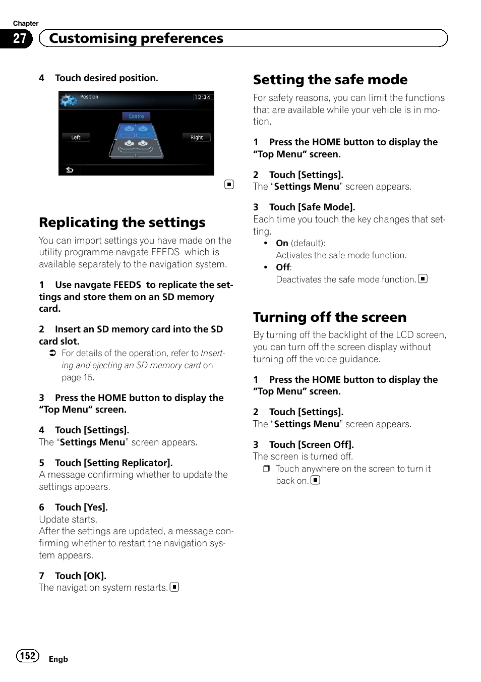 Replicating the settings, Setting the safe mode, Turning off the screen | 27 customising preferences | Pioneer AVIC-F9220BT User Manual | Page 152 / 200