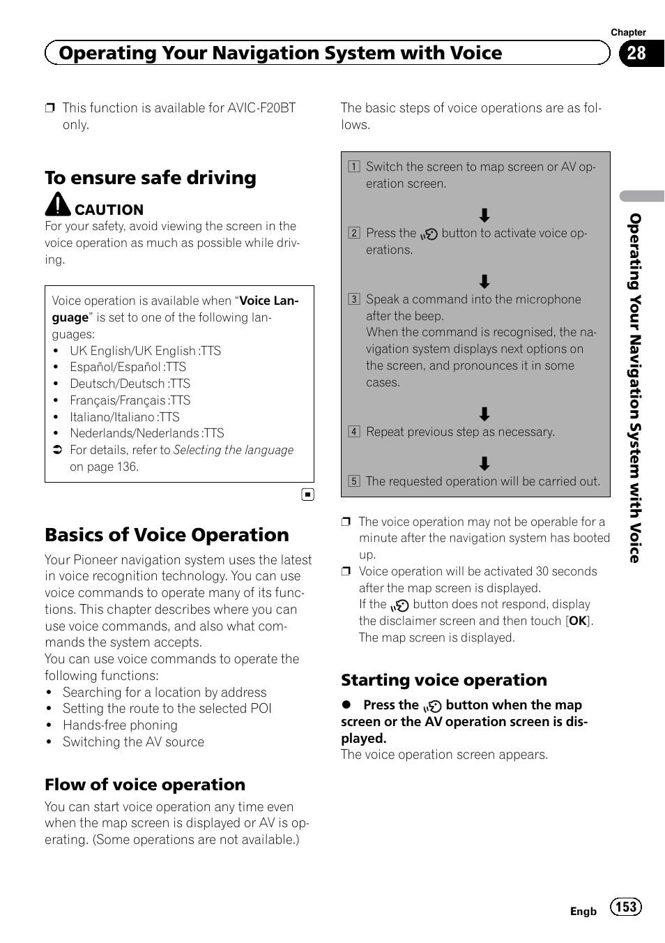 Basics of voice operation, Flow of voice operation 153, Starting voice operation 153 | Operating your navigation system with voice | Pioneer AVIC-F9220BT User Manual | Page 153 / 200