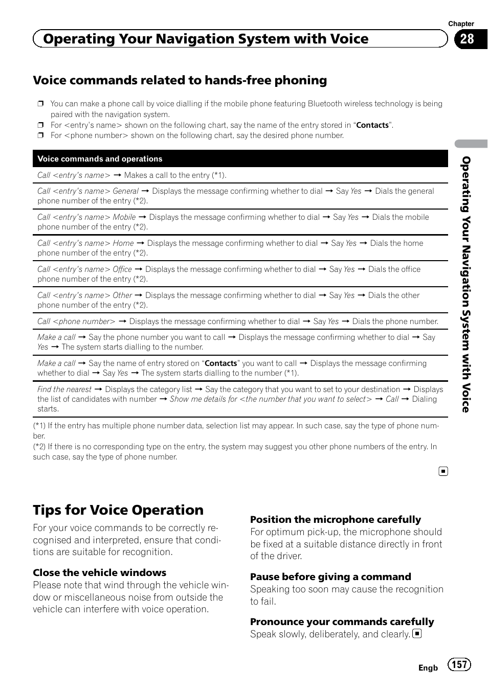 Voice commands related to hands-free, Phoning, Tips for voice operation | Operating your navigation system with voice, Voice commands related to hands-free phoning, Operating y our navigation system with v oice | Pioneer AVIC-F9220BT User Manual | Page 157 / 200