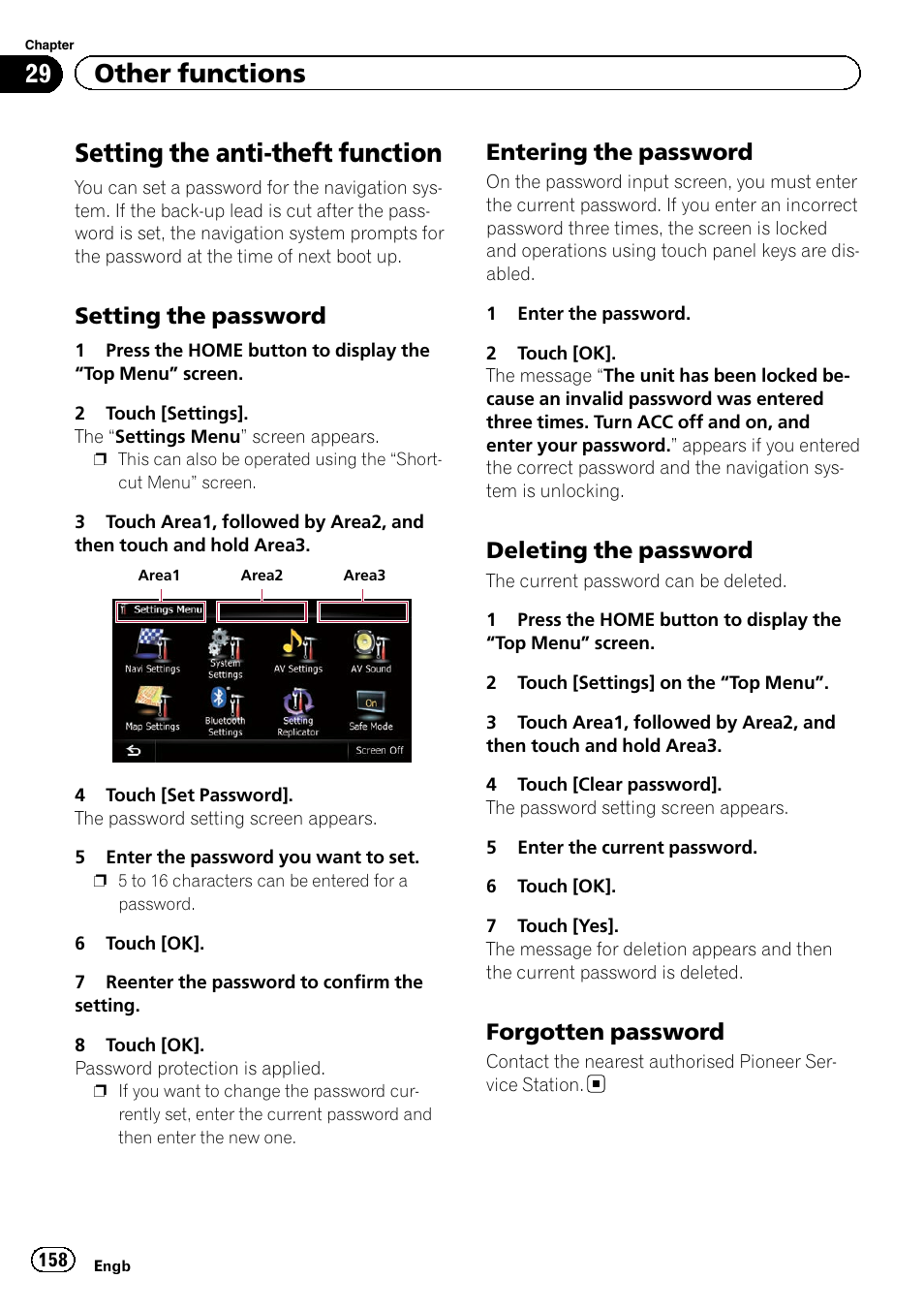 Other functions setting the anti-theft function, Setting the password 158, Entering the password 158 | Deleting the password 158, Forgotten password 158, Setting the anti-theft function, 29 other functions, Setting the password, Entering the password, Deleting the password | Pioneer AVIC-F9220BT User Manual | Page 158 / 200