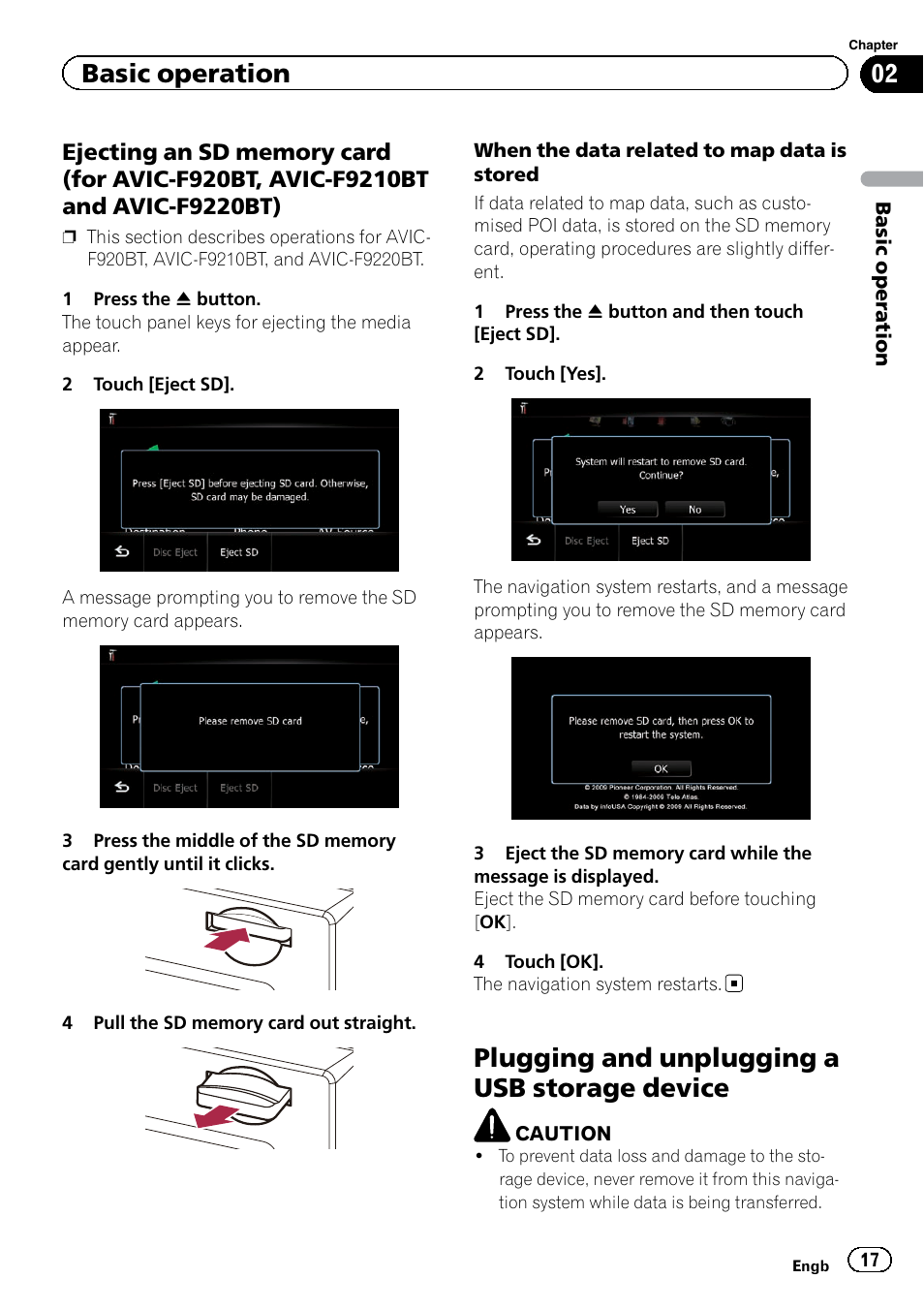 Ejecting an sd memory card (for avic, F920bt, avic-f9210bt and avic- f9220bt), Plugging and unplugging a usb storage | Device, Plugging and unplugging a usb storage device, Basic operation | Pioneer AVIC-F9220BT User Manual | Page 17 / 200