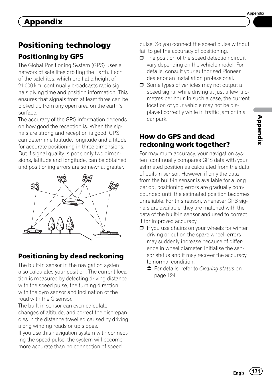 Positioning technology, Positioning by gps 171, Positioning by dead reckoning 171 | How do gps and dead reckoning work, Together, Appendix | Pioneer AVIC-F9220BT User Manual | Page 171 / 200