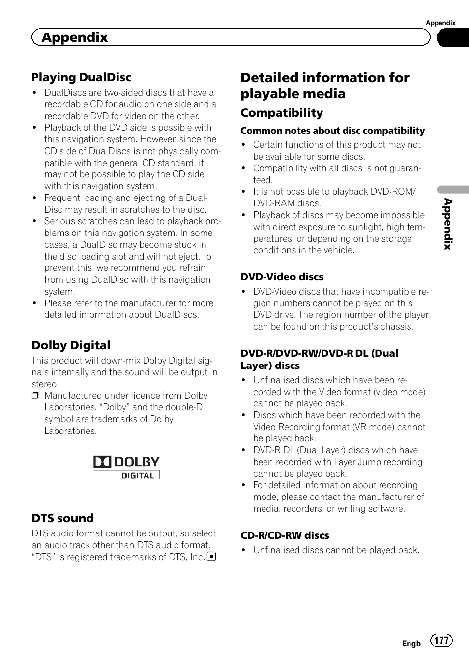 Playing dualdisc 177, Dolby digital 177, Dts sound 177 | Detailed information for playable media, Compatibility 177, Appendix | Pioneer AVIC-F9220BT User Manual | Page 177 / 200