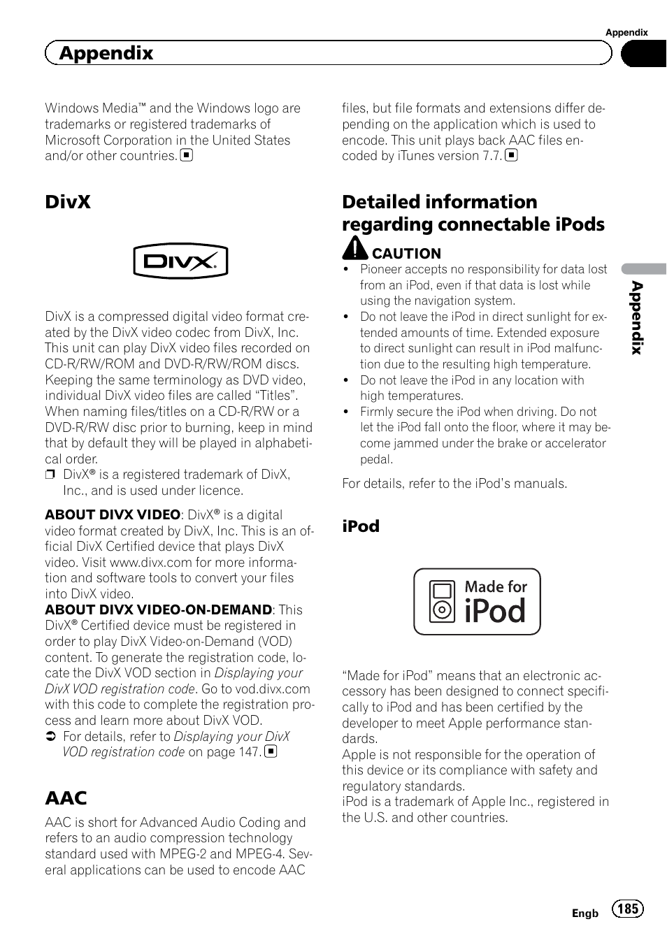 Divx, Detailed information regarding connectable, Ipods | Ipod 185, Detailed information regarding connectable ipods, Appendix, Ipod | Pioneer AVIC-F9220BT User Manual | Page 185 / 200