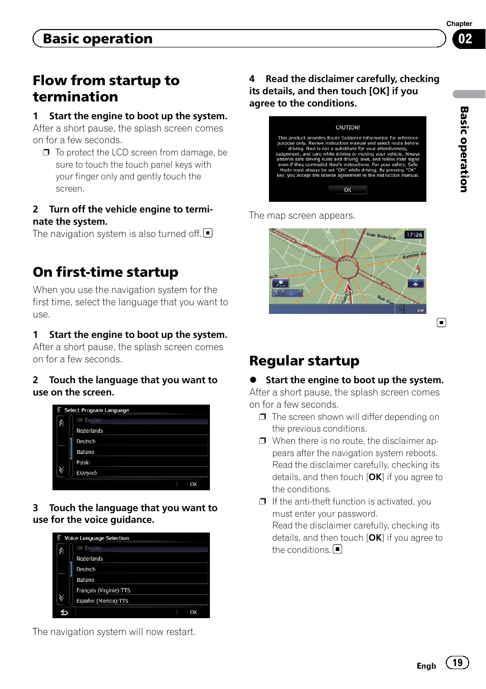 Flow from startup to termination, On first-time startup, Regular startup | Basic operation | Pioneer AVIC-F9220BT User Manual | Page 19 / 200