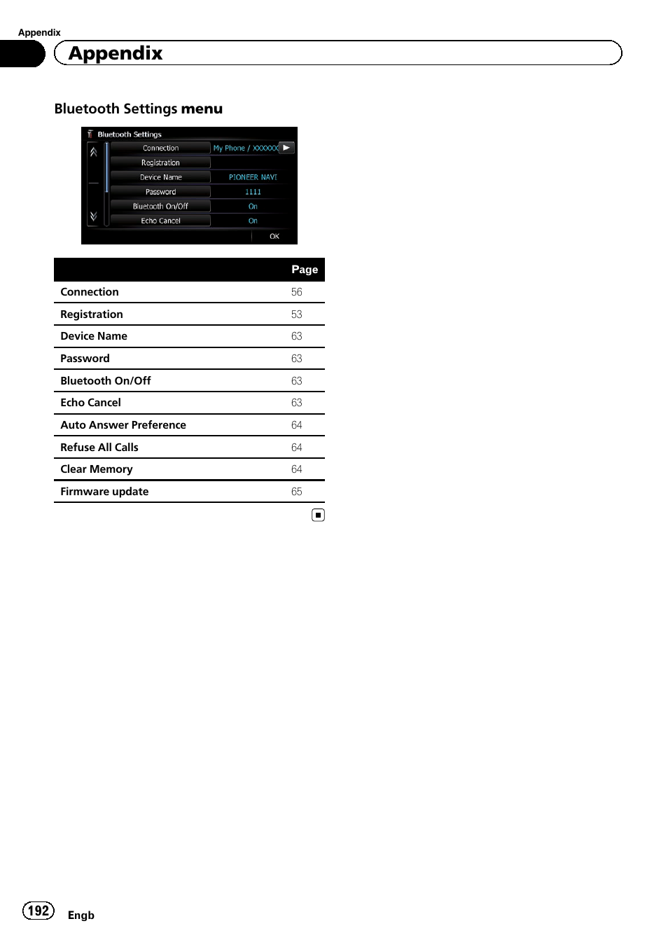 Appendix, Bluetooth settings menu | Pioneer AVIC-F9220BT User Manual | Page 192 / 200