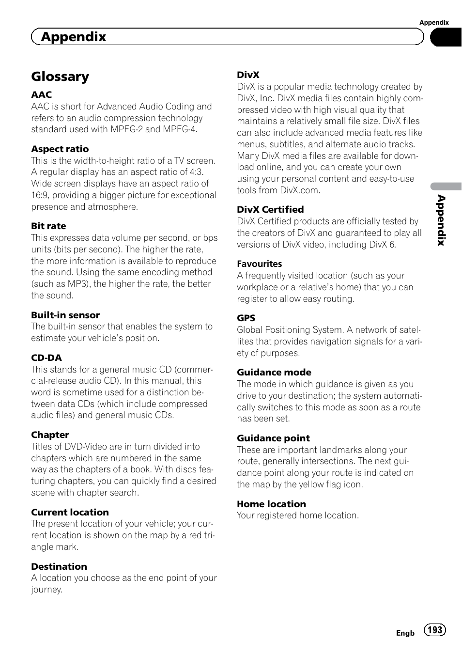 Glossary, Appendix | Pioneer AVIC-F9220BT User Manual | Page 193 / 200