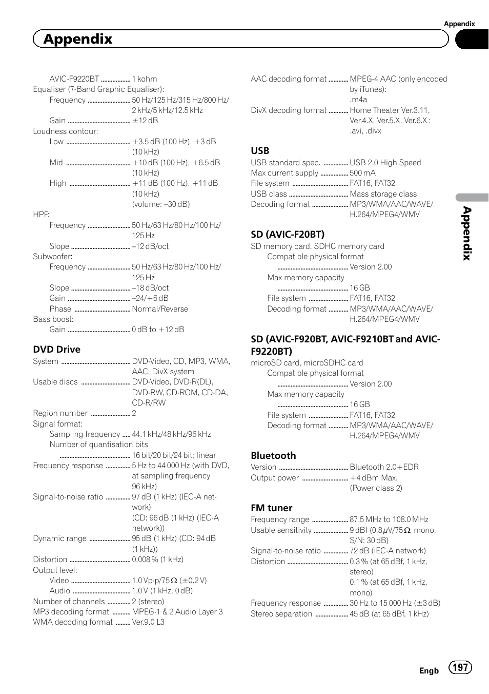 Appendix, Dvd drive, Sd (avic-f20bt) | Bluetooth, Fm tuner | Pioneer AVIC-F9220BT User Manual | Page 197 / 200