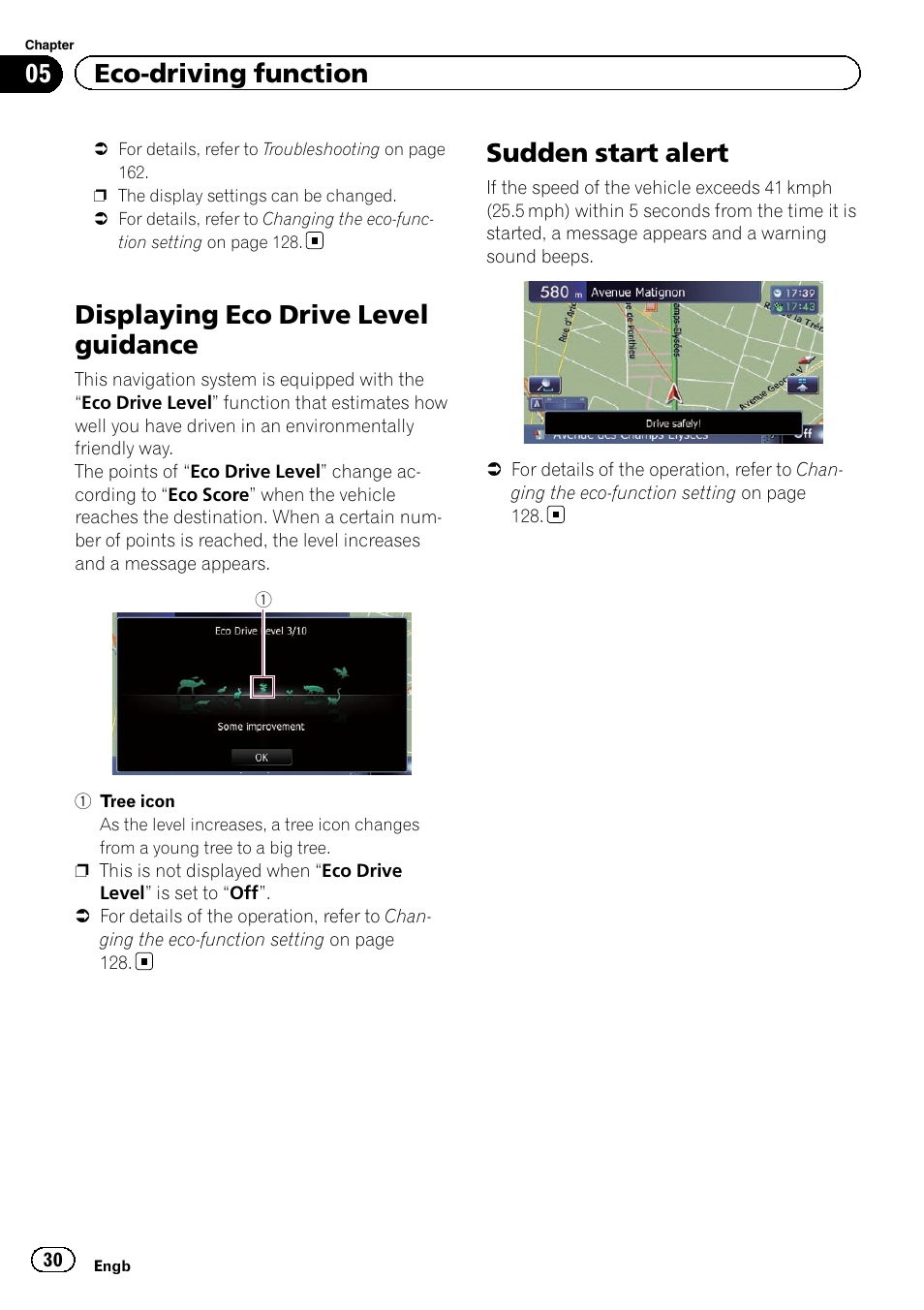 Displaying eco drive level guidance, Sudden start alert, 05 eco-driving function | Pioneer AVIC-F9220BT User Manual | Page 30 / 200