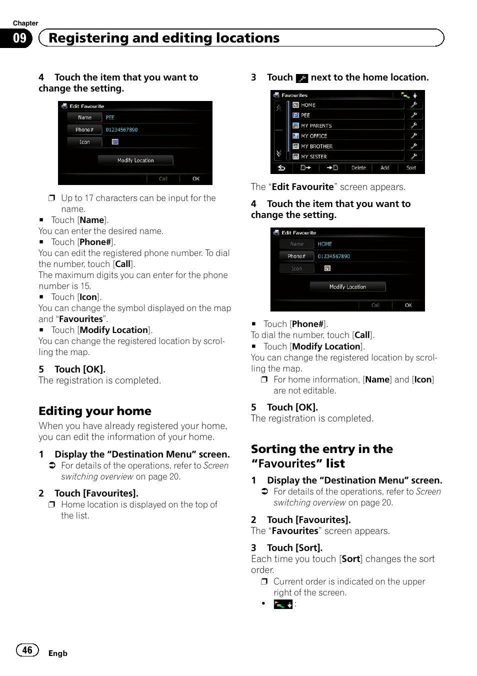 Editing your home 46, Sorting the entry in the “favourites, List | 09 registering and editing locations, Editing your home, Sorting the entry in the “favourites” list | Pioneer AVIC-F9220BT User Manual | Page 46 / 200