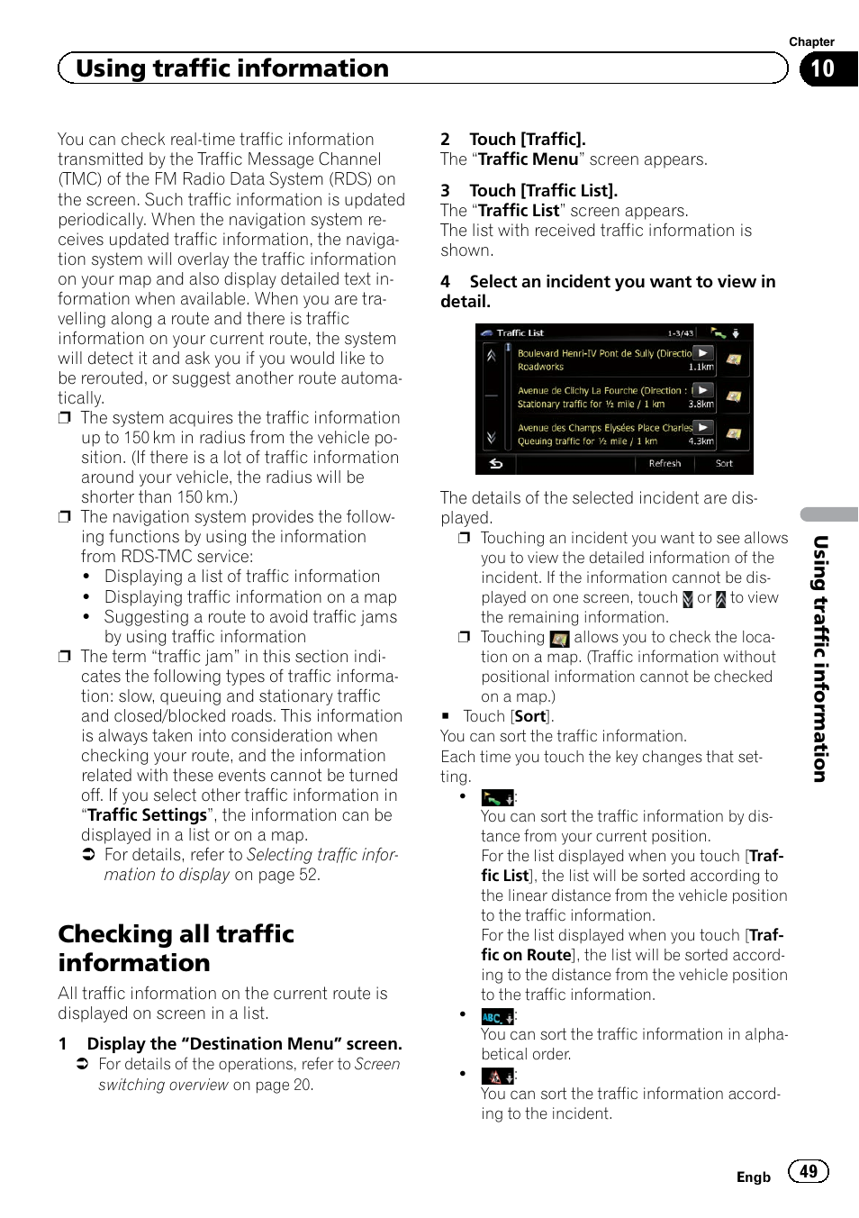 Checking all traffic information, Using traffic information | Pioneer AVIC-F9220BT User Manual | Page 49 / 200