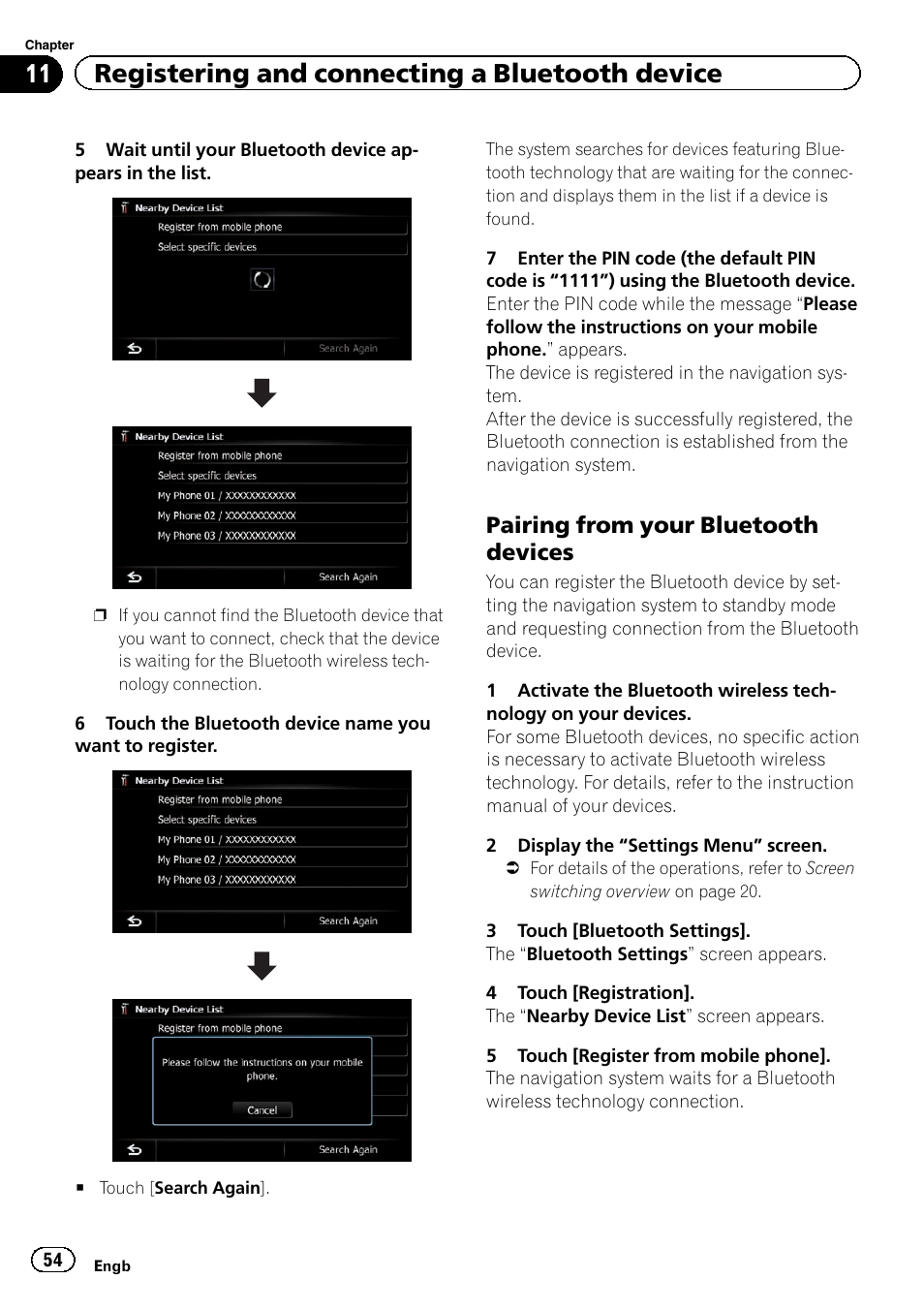 Pairing from your bluetooth, Devices, 11 registering and connecting a bluetooth device | Pairing from your bluetooth devices | Pioneer AVIC-F9220BT User Manual | Page 54 / 200