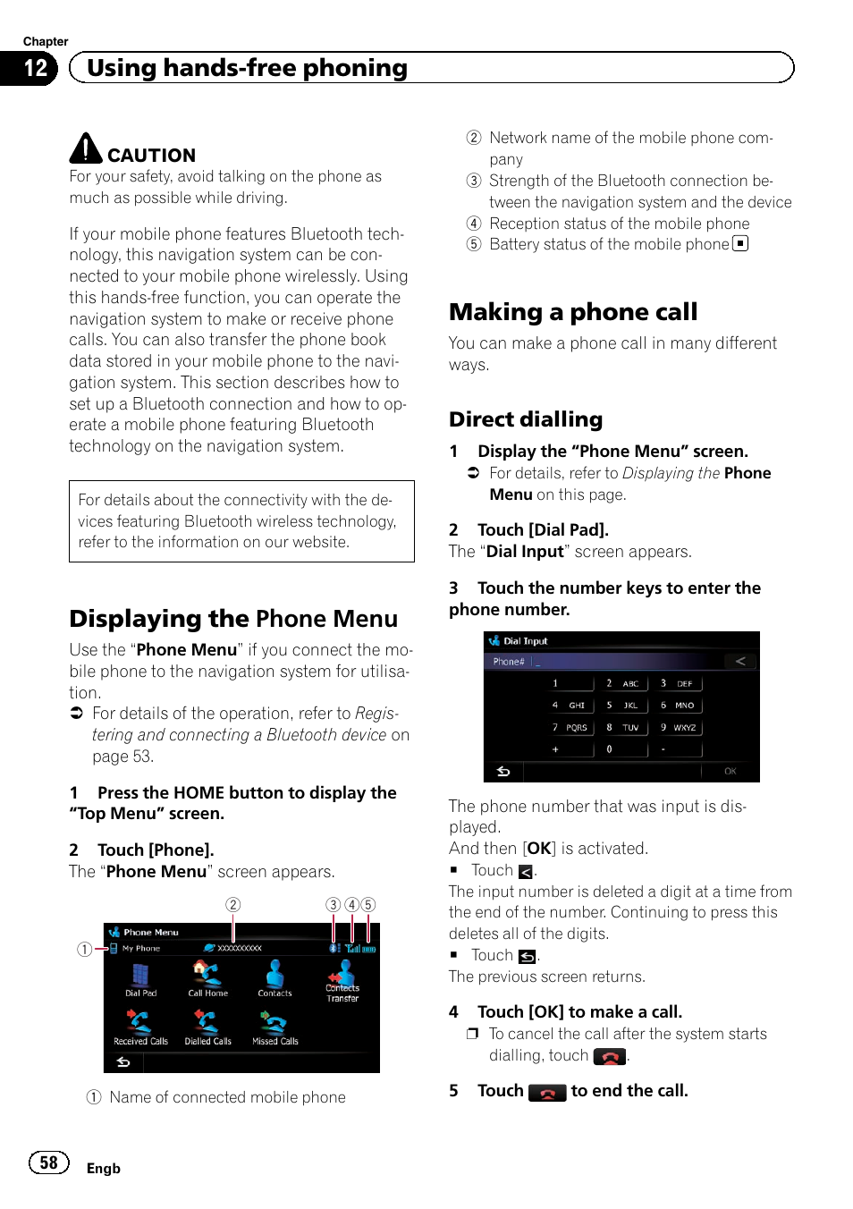 Using hands-free phoning displaying the phone menu, Making a phone call, Direct dialling 58 | Displaying the phone menu, 12 using hands-free phoning, Direct dialling | Pioneer AVIC-F9220BT User Manual | Page 58 / 200