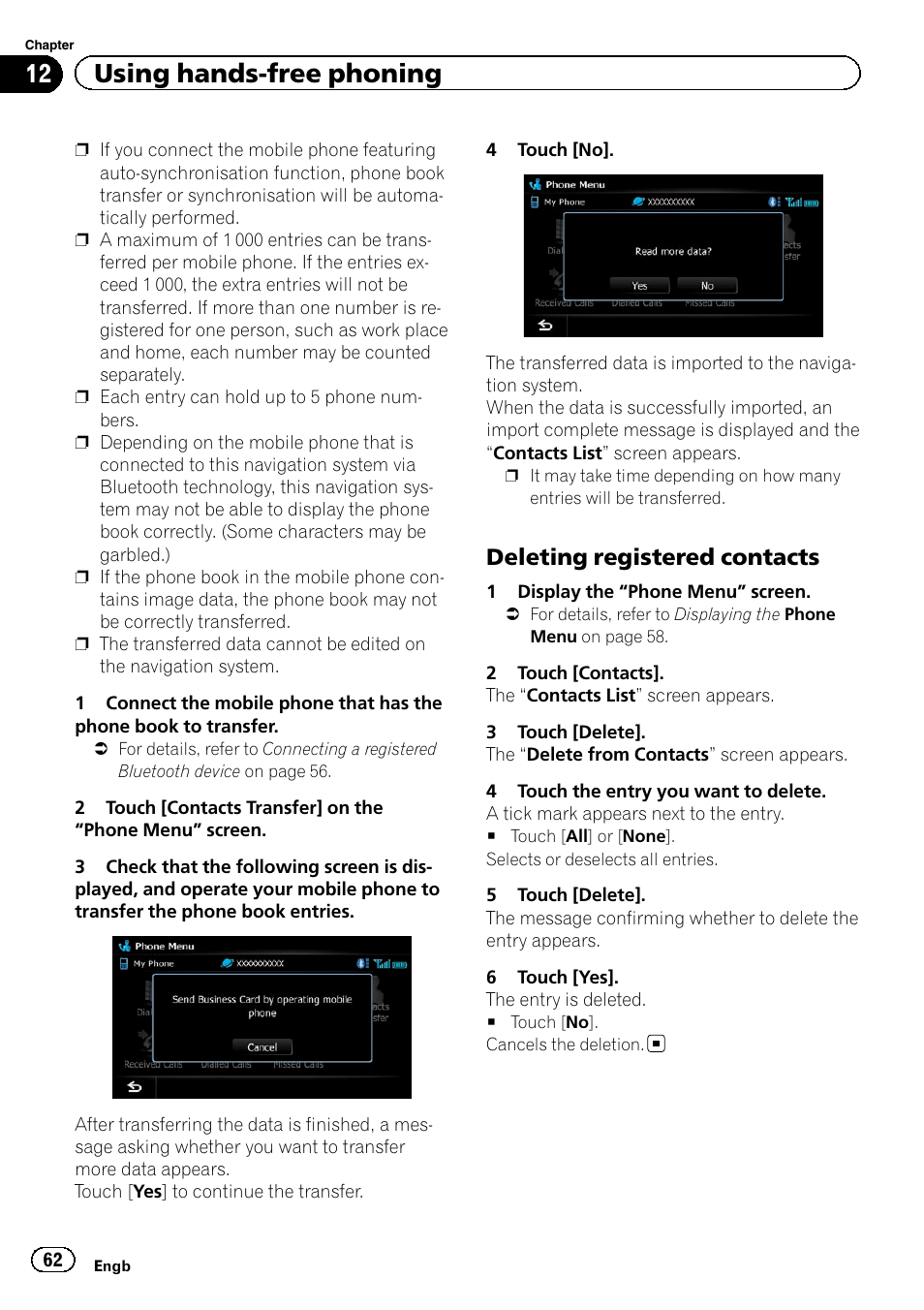 Deleting registered contacts 62, 12 using hands-free phoning, Deleting registered contacts | Pioneer AVIC-F9220BT User Manual | Page 62 / 200