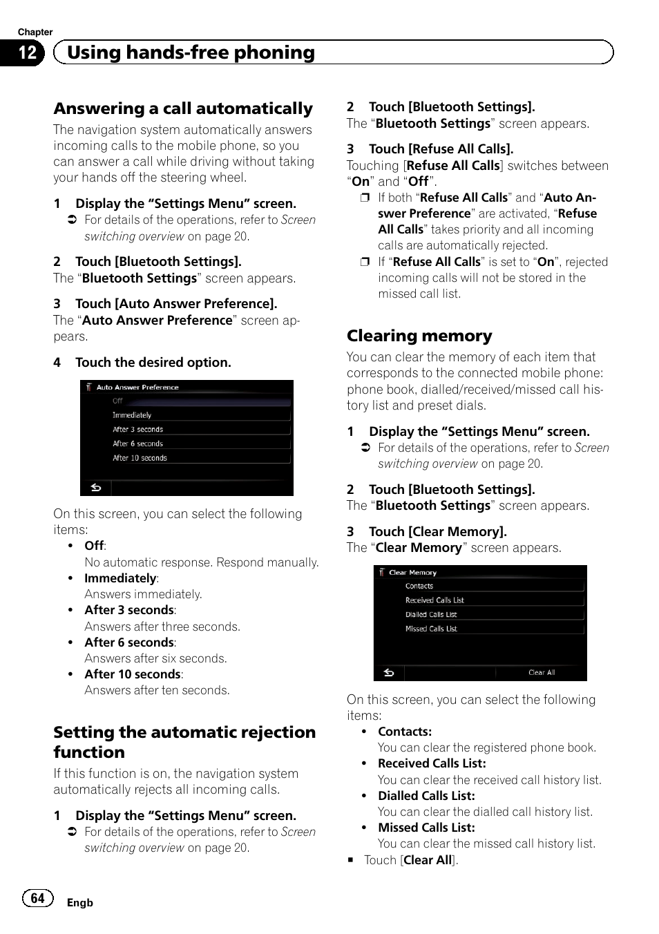 Answering a call automatically 64, Setting the automatic rejection, Function | Clearing memory 64, Answering a call, 12 using hands-free phoning, Answering a call automatically, Setting the automatic rejection function | Pioneer AVIC-F9220BT User Manual | Page 64 / 200