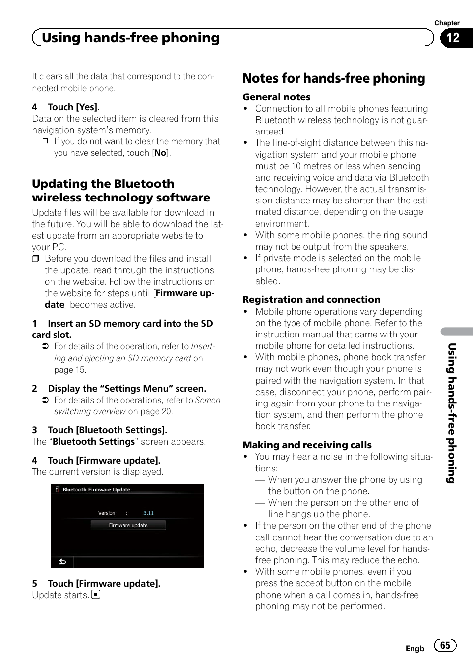 Updating the bluetooth wireless, Technology software, Notes for hands-free phoning | Notes for hands-free, Using hands-free phoning | Pioneer AVIC-F9220BT User Manual | Page 65 / 200