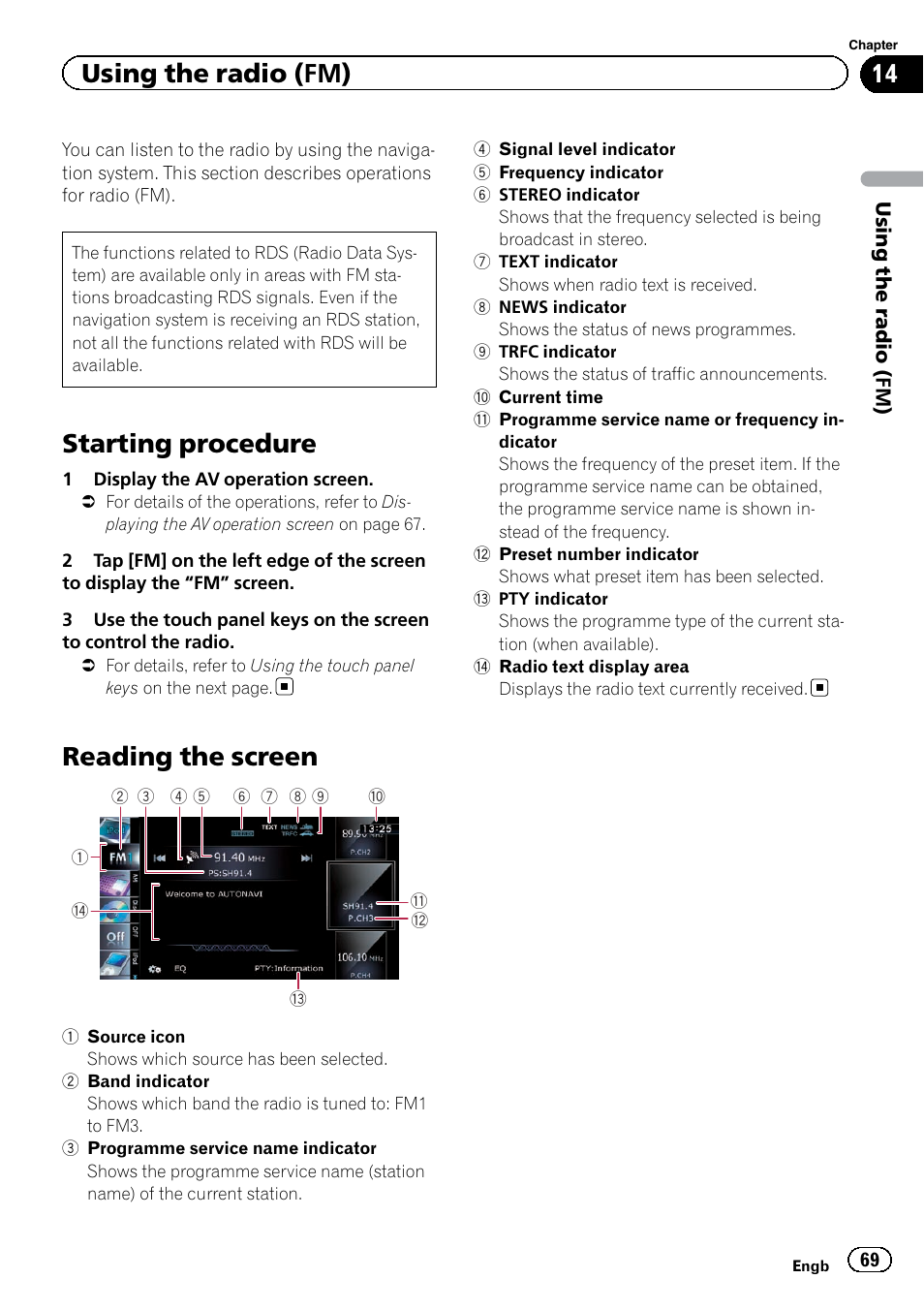 Using the radio (fm) starting procedure, Reading the screen, Starting procedure | Using the radio (fm) | Pioneer AVIC-F9220BT User Manual | Page 69 / 200
