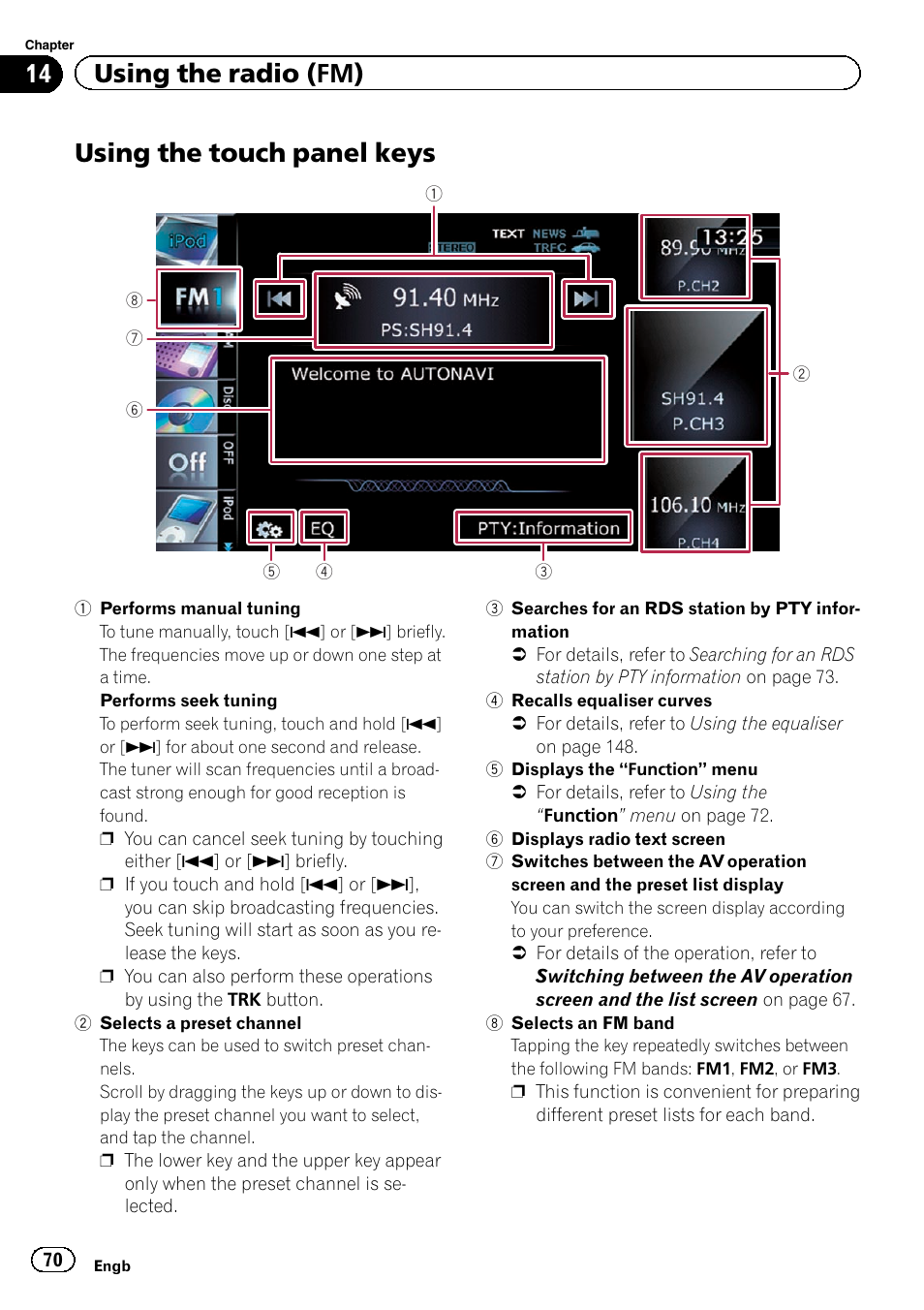 Using the touch panel keys, Using the touch panel, 14 using the radio (fm) | Pioneer AVIC-F9220BT User Manual | Page 70 / 200