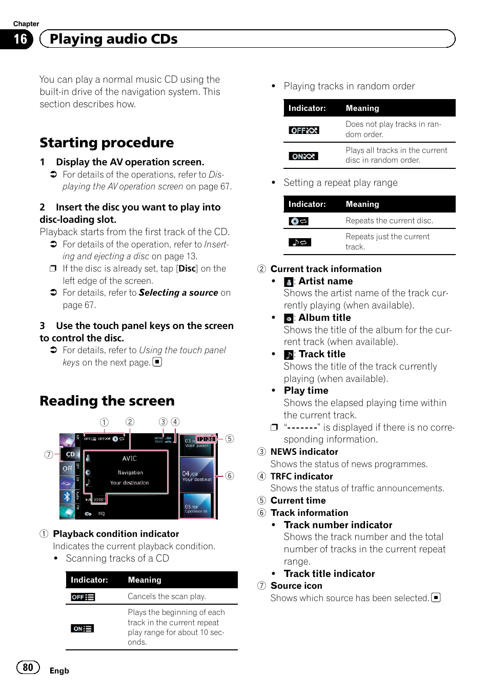 Playing audio cds starting procedure, Reading the screen, Starting procedure | 16 playing audio cds | Pioneer AVIC-F9220BT User Manual | Page 80 / 200