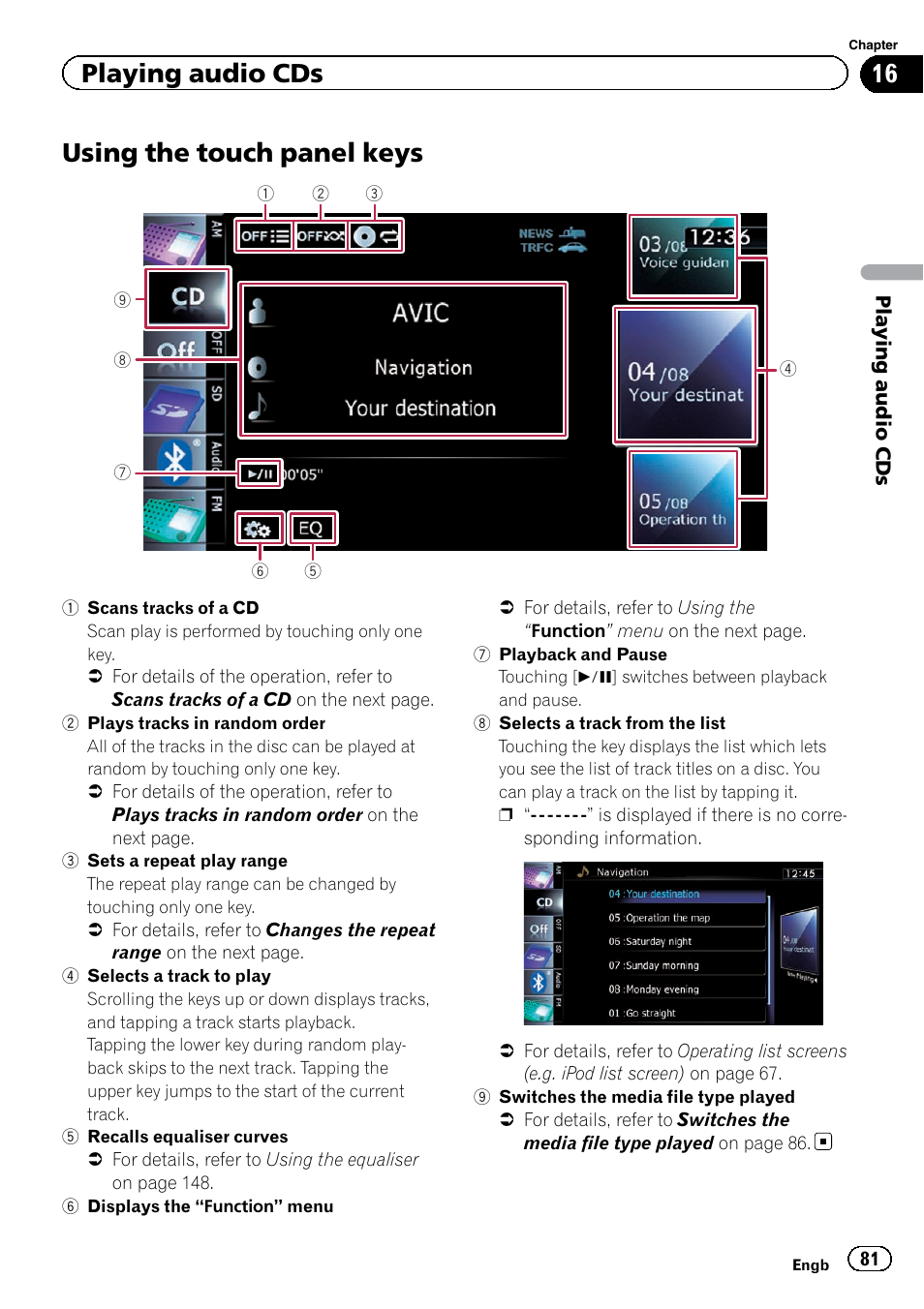 Using the touch panel keys, Using the touch panel, Playing audio cds | Pioneer AVIC-F9220BT User Manual | Page 81 / 200