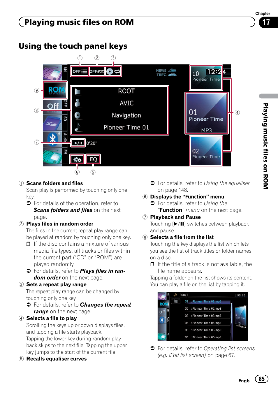 Using the touch panel keys, Playing music files on rom | Pioneer AVIC-F9220BT User Manual | Page 85 / 200