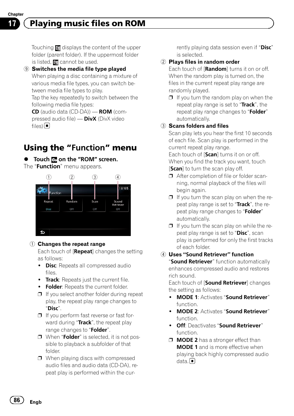Using the, Function” menu 86, Switches the | Plays files in ran, Changes the repeat, Using the “function” menu, 17 playing music files on rom | Pioneer AVIC-F9220BT User Manual | Page 86 / 200
